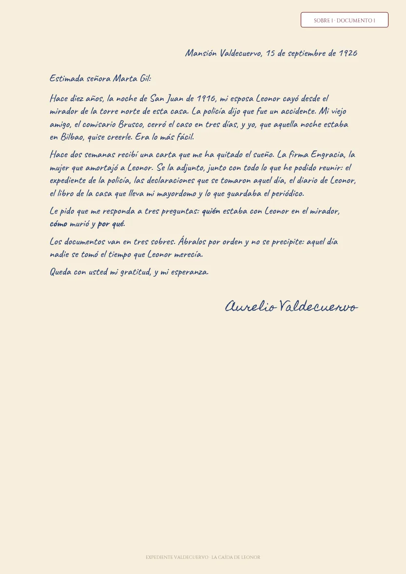 Carta de don Aurelio Valdecuervo al investigador