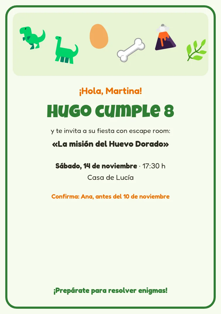 Invitación del escape room dinosaurios