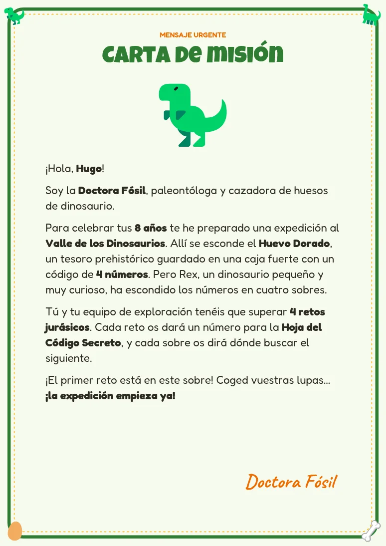 Carta de misión del escape room de dinosaurios