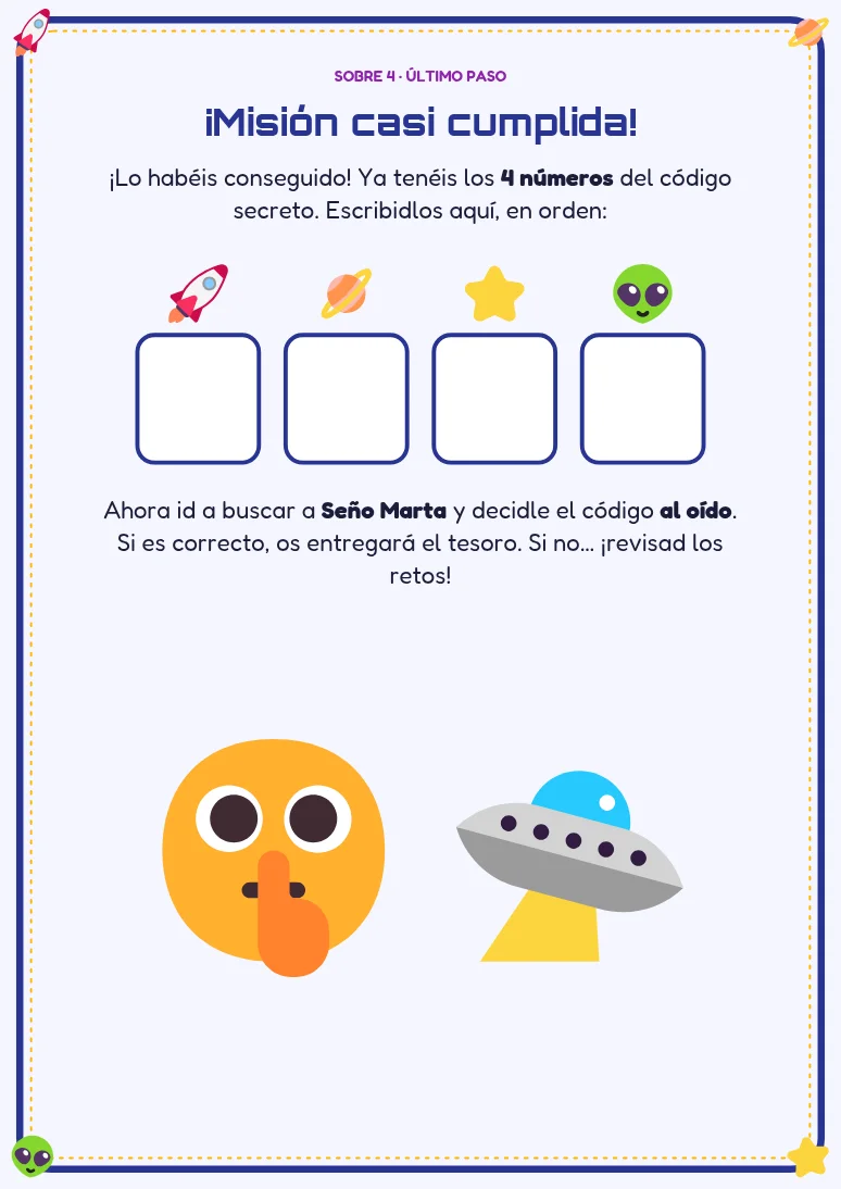 Tarjeta final: los niños escriben el código y lo dicen al oído