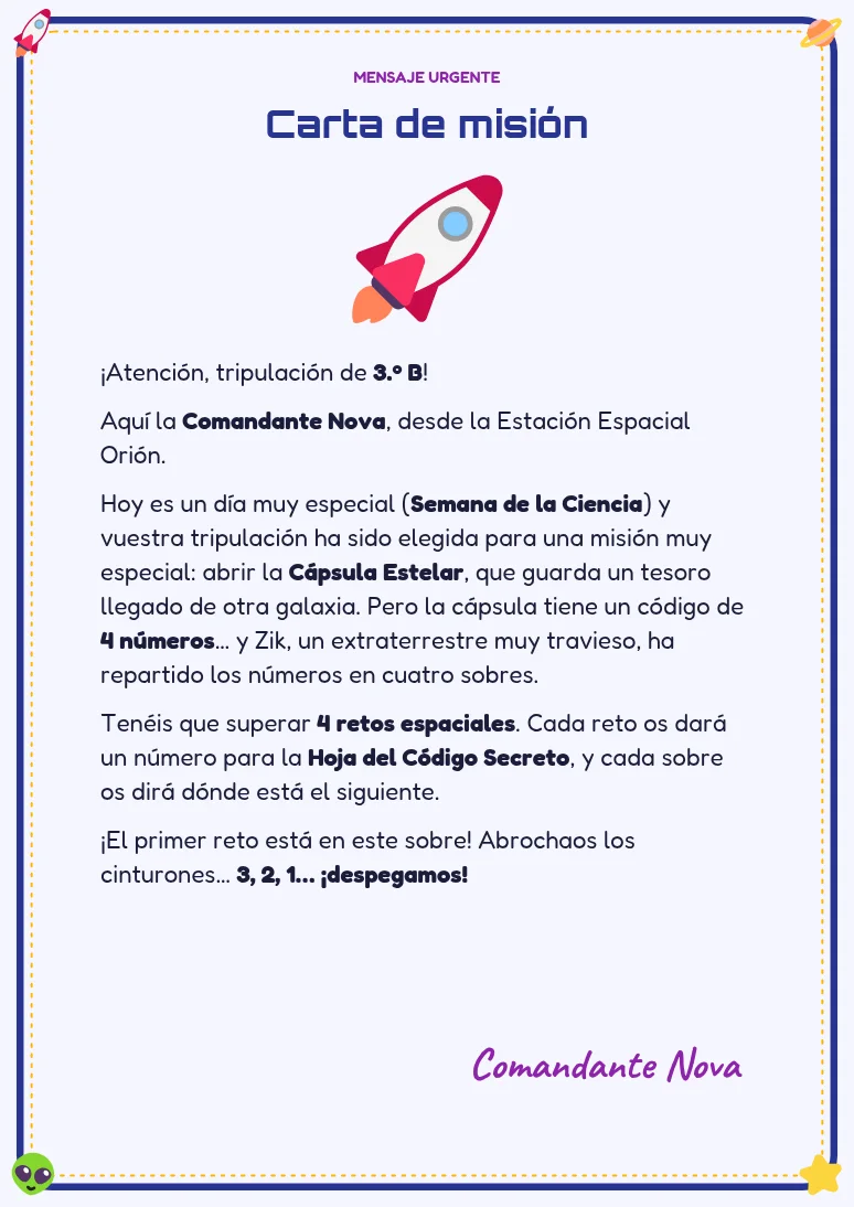 Carta de misión del escape room espacial