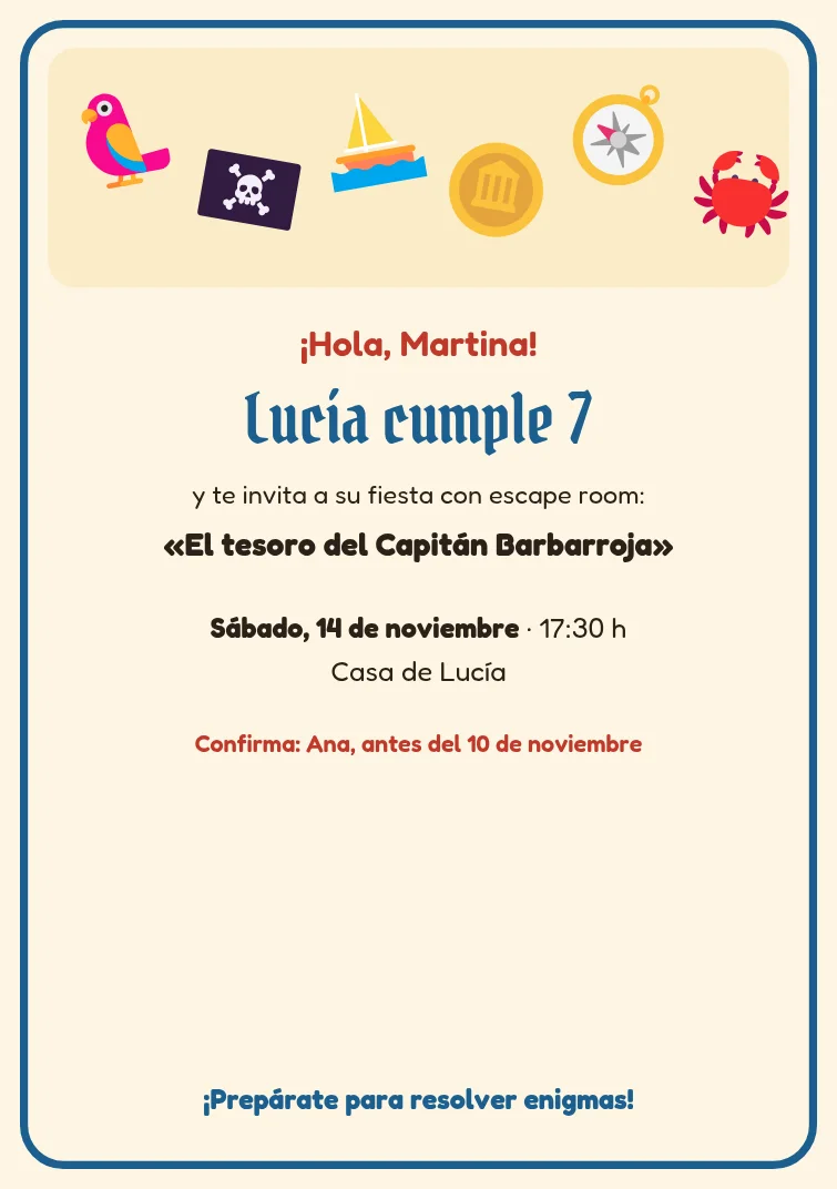 Invitación del escape room piratas