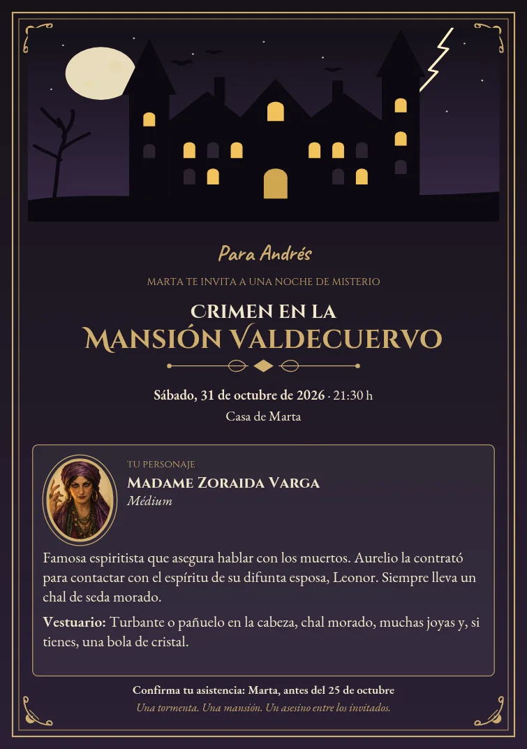 Invitación para Andrés con su personaje, Madame Zoraida Varga, y la fecha y el lugar de la fiesta