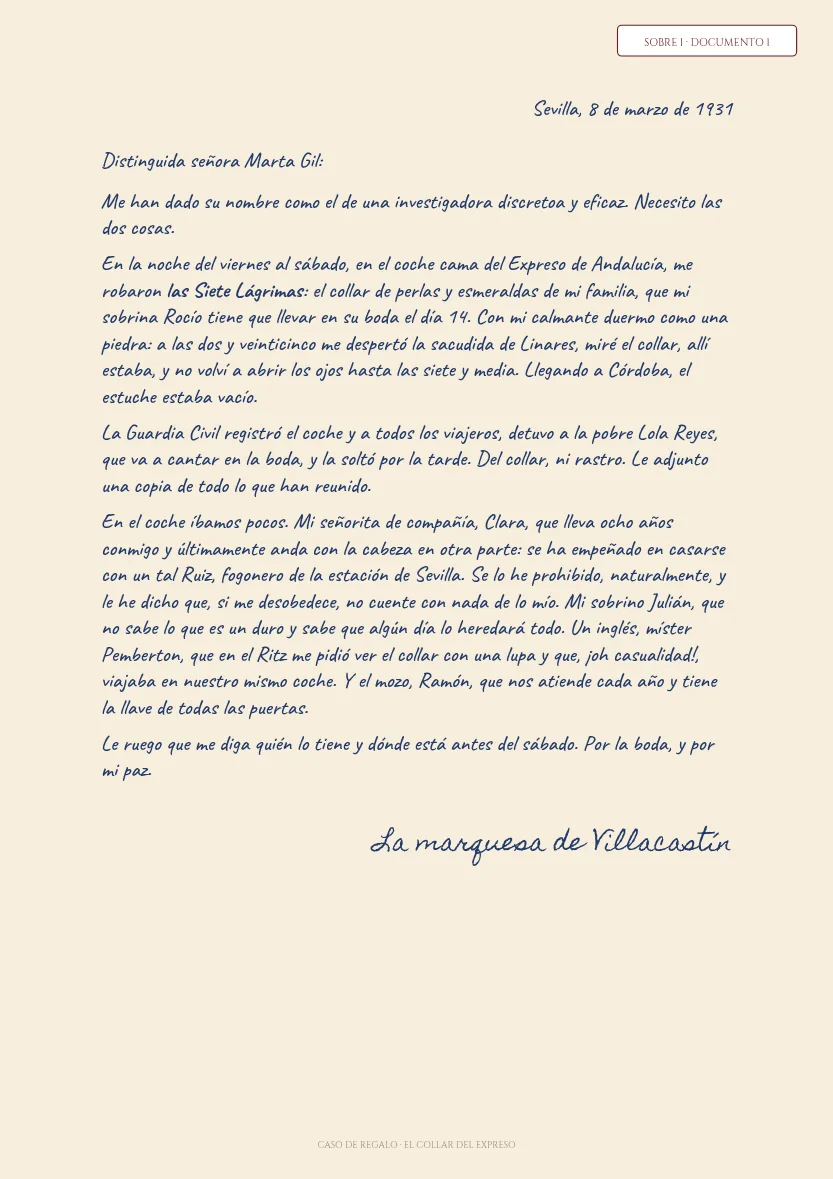 Carta de la marquesa de Villacastín al investigador